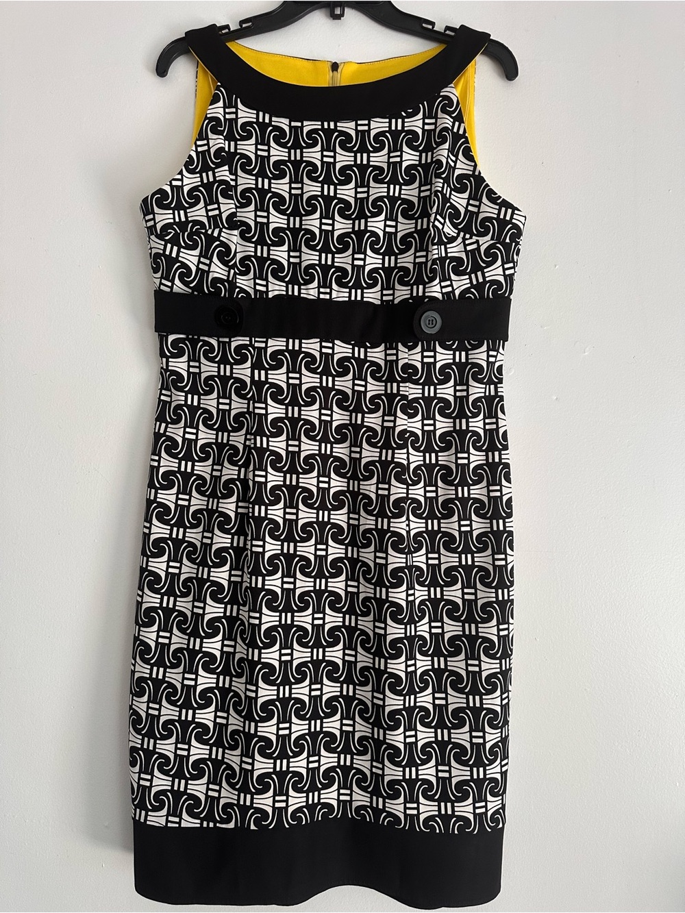 London Times Geometric Mod Print Sleeveless Sheath Dress Black White Yellow 14